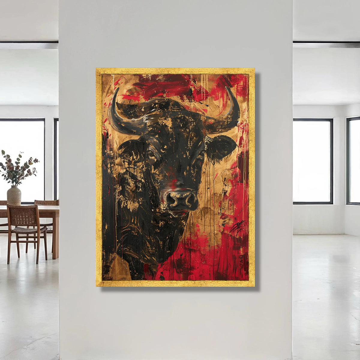 Majestic Bull Portrait Canvas, Bold Red and Black Animal Wall Art, Contemporary Wildlife Decoration, Statement Canvas Print Canvas Print Art