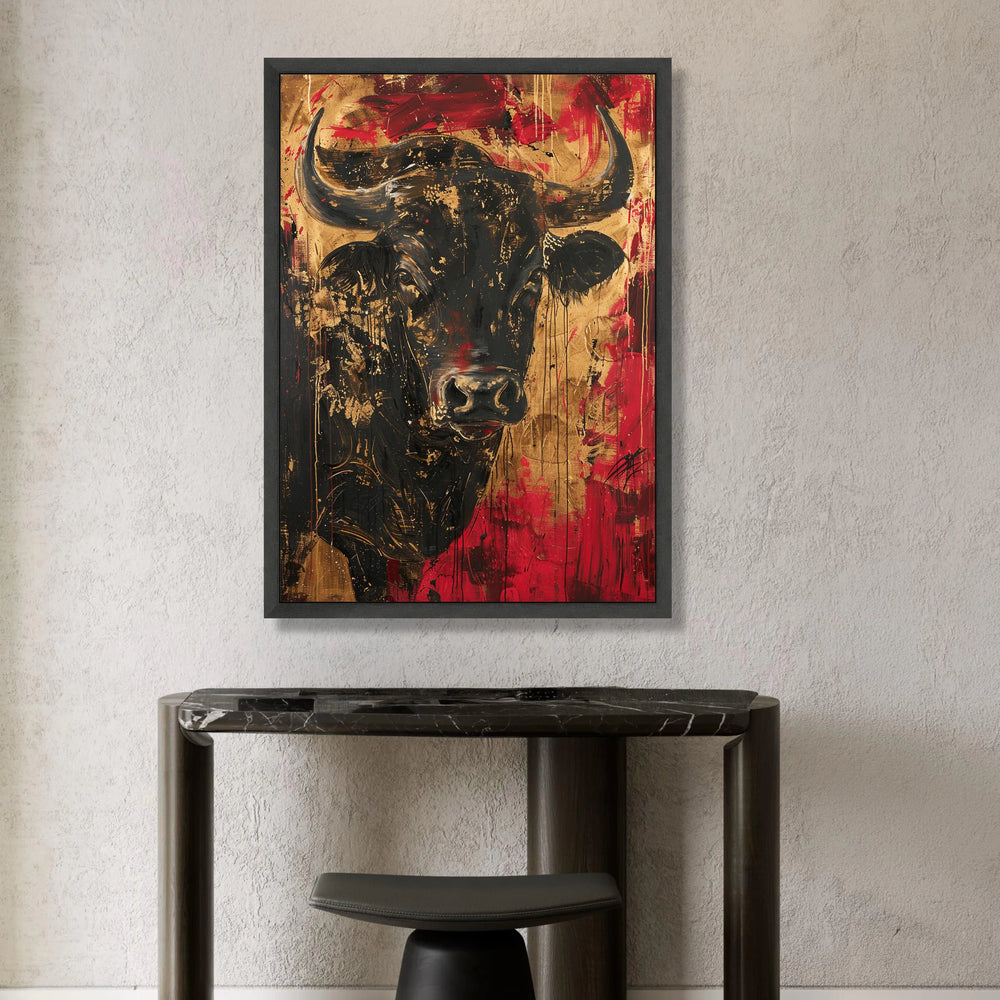 Majestic Bull Portrait Canvas, Bold Red and Black Animal Wall Art, Contemporary Wildlife Decoration, Statement Canvas Print Canvas Print Art