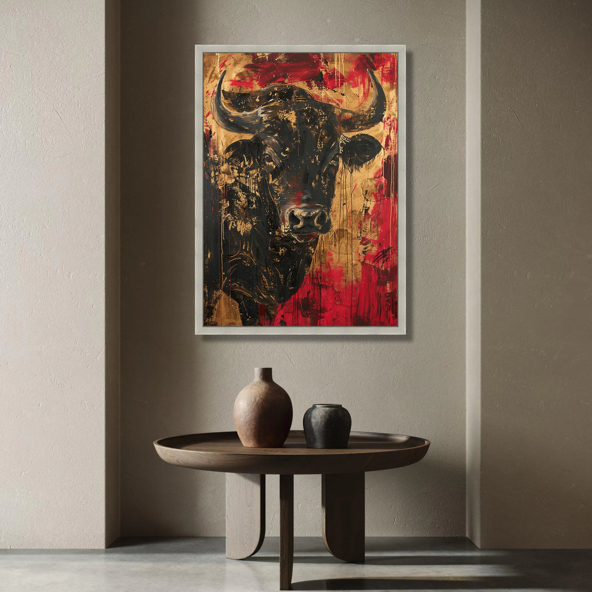 Majestic Bull Portrait Canvas, Bold Red and Black Animal Wall Art, Contemporary Wildlife Decoration, Statement Canvas Print Canvas Print Art