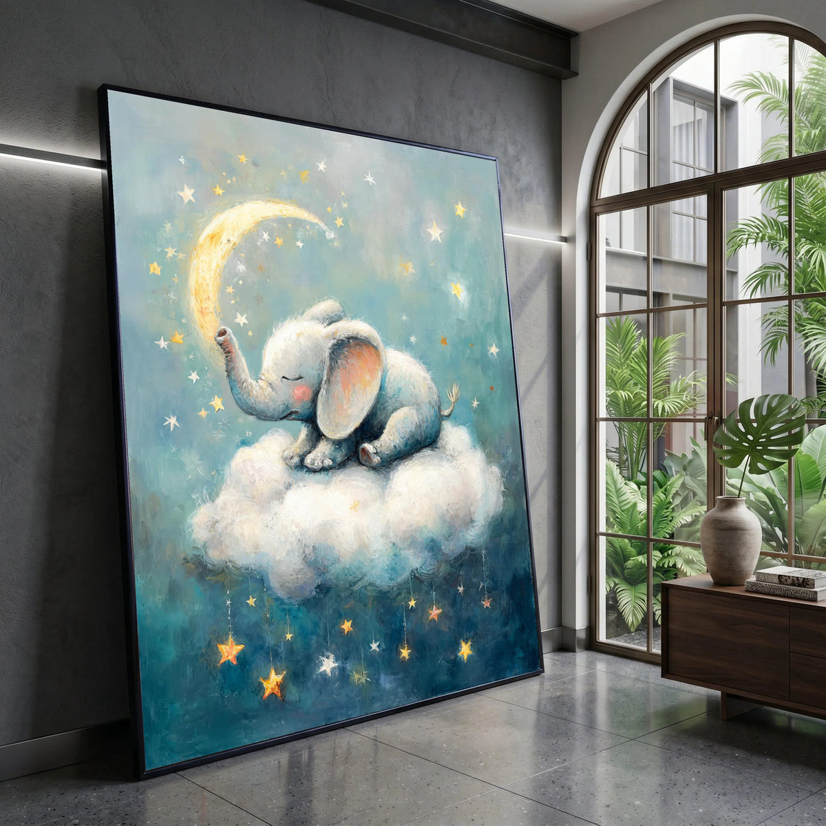 Sleeping Baby Elephant Canvas, Dreamy Night Sky Wall Art, Nursery Cloud Decor, Moon and Stars Canvas Art, Kids Room Canvas Print Art
