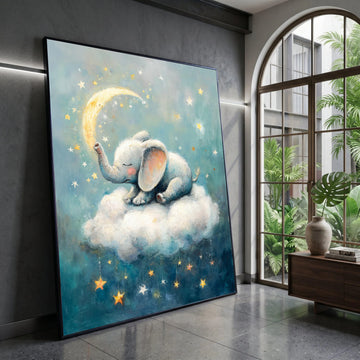 Sleeping Baby Elephant Canvas, Dreamy Night Sky Wall Art, Nursery Cloud Decor, Moon and Stars Canvas Art, Kids Room Canvas Print Art