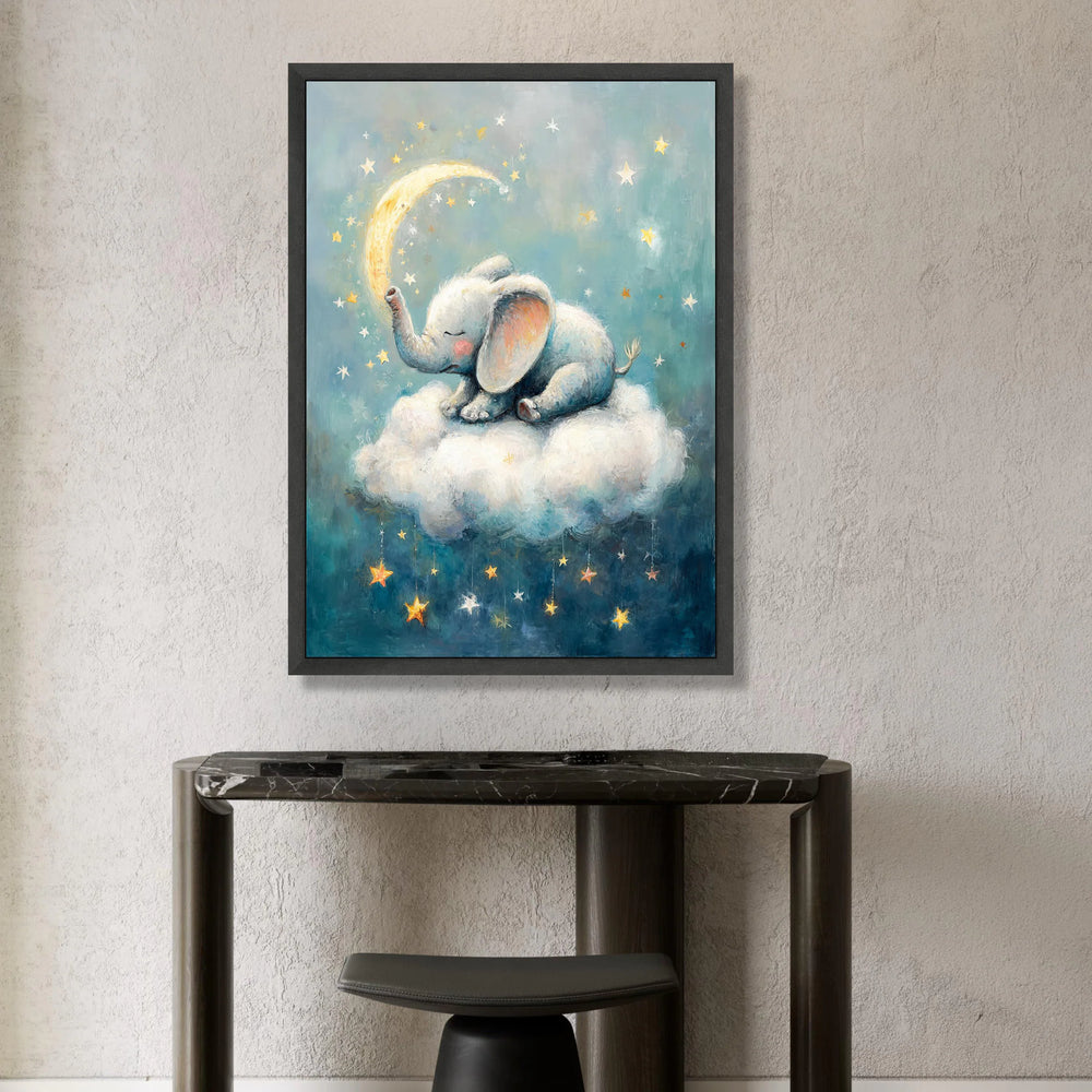 Sleeping Baby Elephant Canvas, Dreamy Night Sky Wall Art, Nursery Cloud Decor, Moon and Stars Canvas Art, Kids Room Canvas Print Art