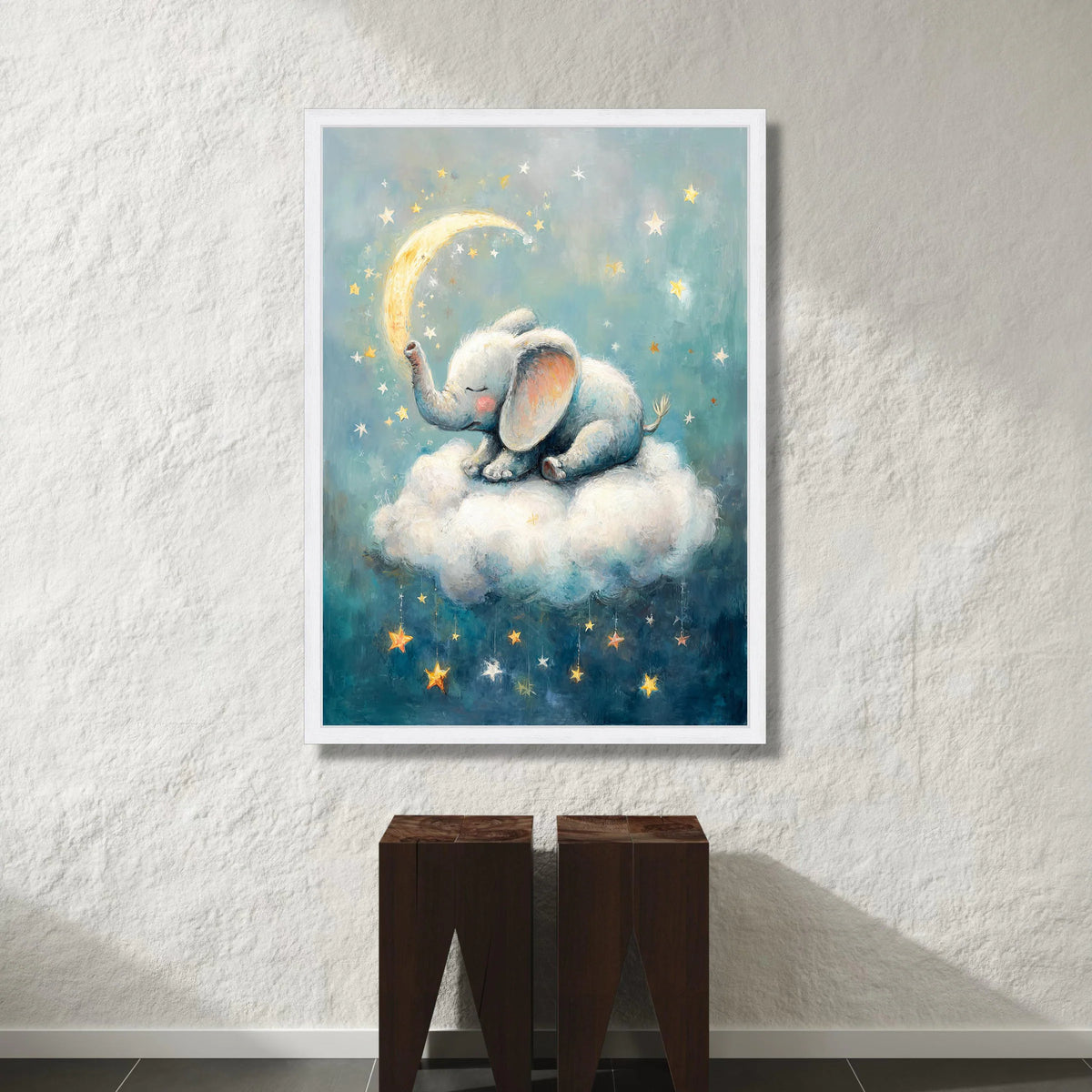 Sleeping Baby Elephant Canvas, Dreamy Night Sky Wall Art, Nursery Cloud Decor, Moon and Stars Canvas Art, Kids Room Canvas Print Art