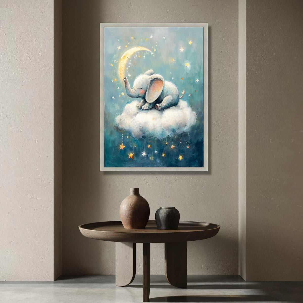 Sleeping Baby Elephant Canvas, Dreamy Night Sky Wall Art, Nursery Cloud Decor, Moon and Stars Canvas Art, Kids Room Canvas Print Art