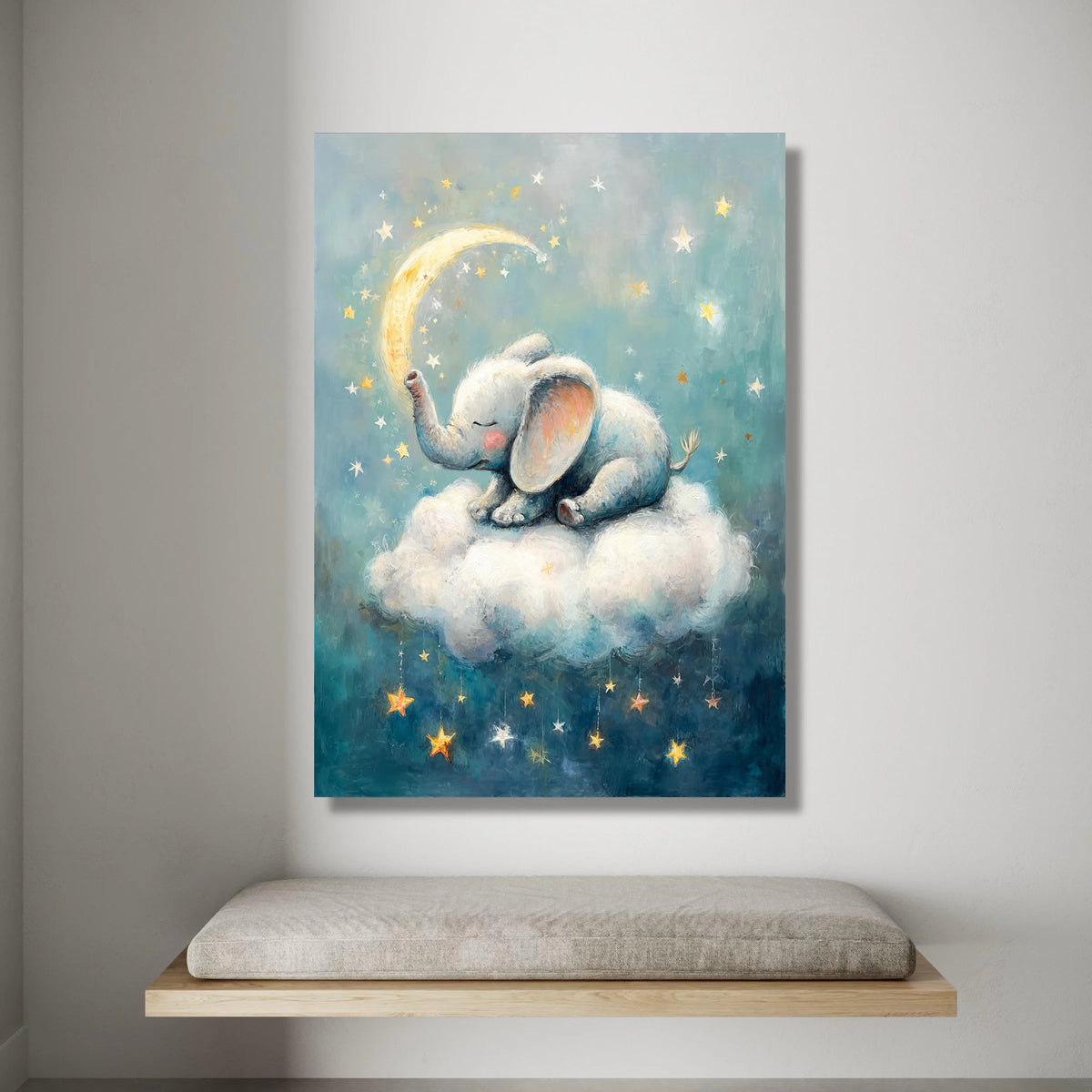 Sleeping Baby Elephant Canvas, Dreamy Night Sky Wall Art, Nursery Cloud Decor, Moon and Stars Canvas Art, Kids Room Canvas Print Art