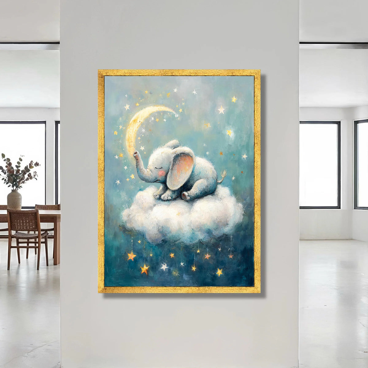 Sleeping Baby Elephant Canvas, Dreamy Night Sky Wall Art, Nursery Cloud Decor, Moon and Stars Canvas Art, Kids Room Canvas Print Art