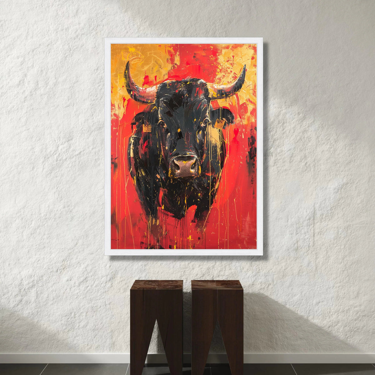 Bold Black Bull Canvas Wall Art, Abstract Animal Canvas, Red and Orange Modern Wall Decor, Rustic Farmhouse Canvas, Ready Canvas Print Art