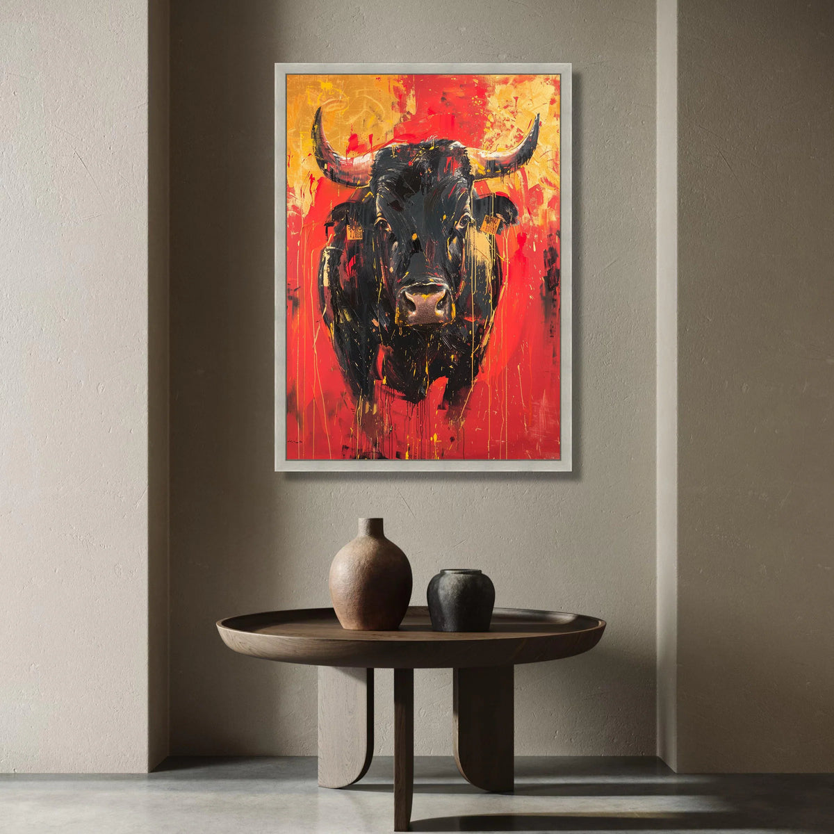 Bold Black Bull Canvas Wall Art, Abstract Animal Canvas, Red and Orange Modern Wall Decor, Rustic Farmhouse Canvas, Ready Canvas Print Art