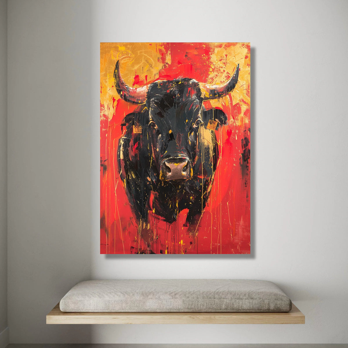 Bold Black Bull Canvas Wall Art, Abstract Animal Canvas, Red and Orange Modern Wall Decor, Rustic Farmhouse Canvas, Ready Canvas Print Art
