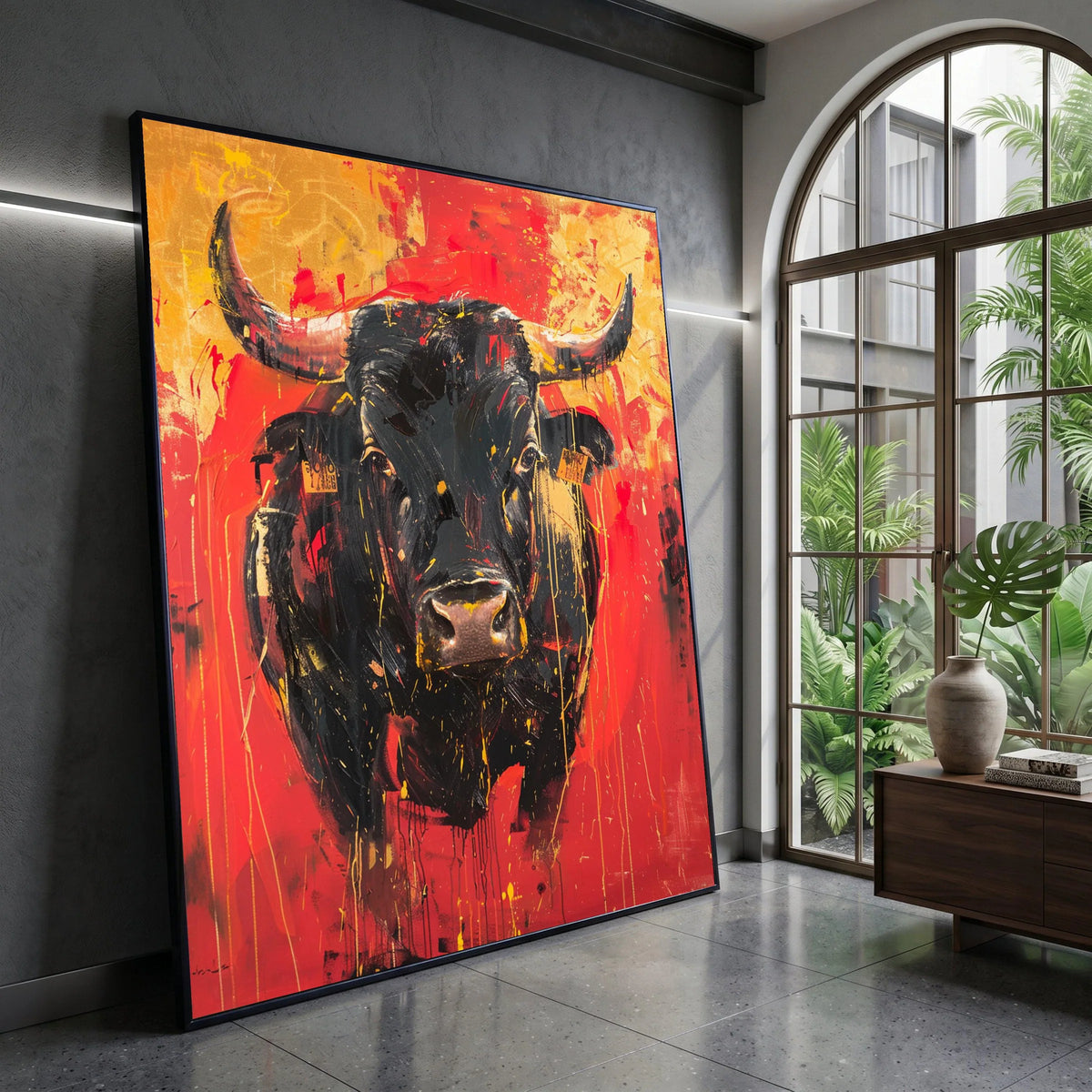 Bold Black Bull Canvas Wall Art, Abstract Animal Canvas, Red and Orange Modern Wall Decor, Rustic Farmhouse Canvas, Ready Canvas Print Art
