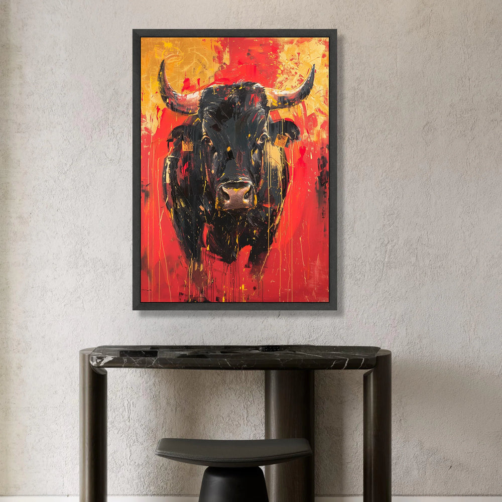 Bold Black Bull Canvas Wall Art, Abstract Animal Canvas, Red and Orange Modern Wall Decor, Rustic Farmhouse Canvas, Ready Canvas Print Art