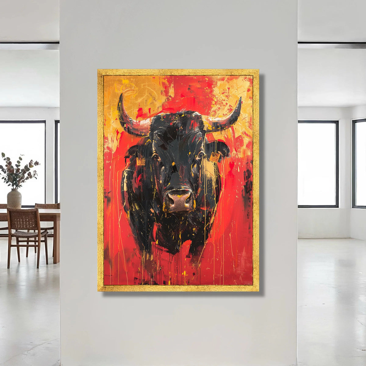 Bold Black Bull Canvas Wall Art, Abstract Animal Canvas, Red and Orange Modern Wall Decor, Rustic Farmhouse Canvas, Ready Canvas Print Art