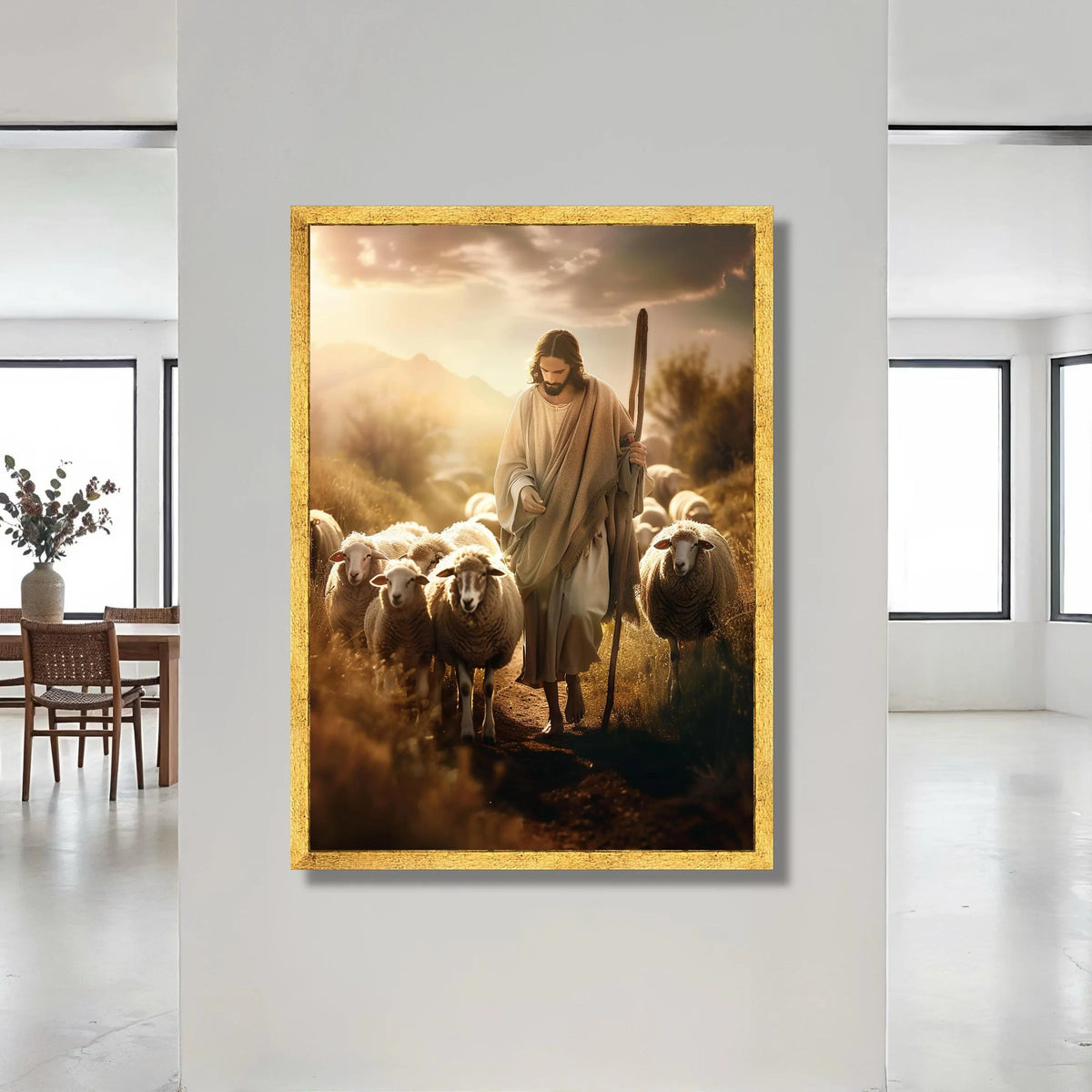 Gentle Shepherd with Flock of Sheep, Spiritual Canvas Wall Art, Pastoral Landscape Scene, Rustic Farmhouse Decor, Peaceful Canvas Print Art