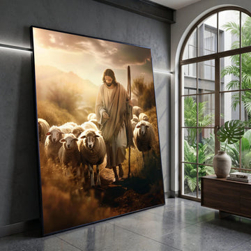 Gentle Shepherd with Flock of Sheep, Spiritual Canvas Wall Art, Pastoral Landscape Scene, Rustic Farmhouse Decor, Peaceful Canvas Print Art