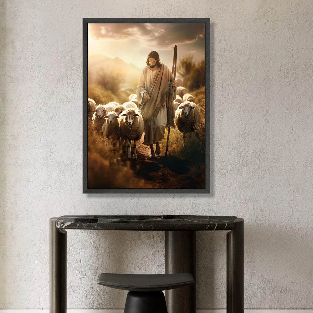 Gentle Shepherd with Flock of Sheep, Spiritual Canvas Wall Art, Pastoral Landscape Scene, Rustic Farmhouse Decor, Peaceful Canvas Print Art