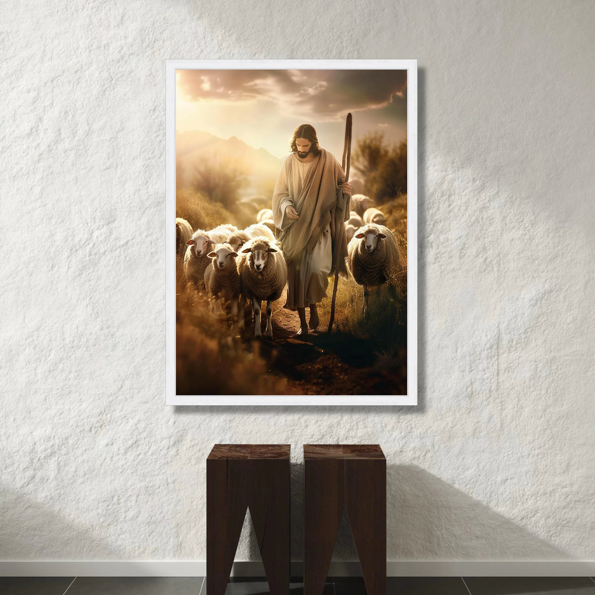 Gentle Shepherd with Flock of Sheep, Spiritual Canvas Wall Art, Pastoral Landscape Scene, Rustic Farmhouse Decor, Peaceful Canvas Print Art