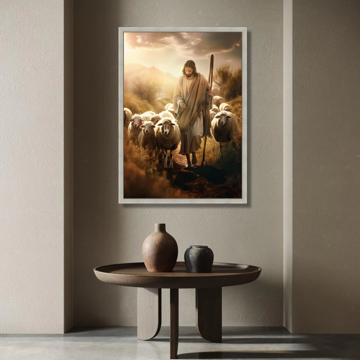 Gentle Shepherd with Flock of Sheep, Spiritual Canvas Wall Art, Pastoral Landscape Scene, Rustic Farmhouse Decor, Peaceful Canvas Print Art