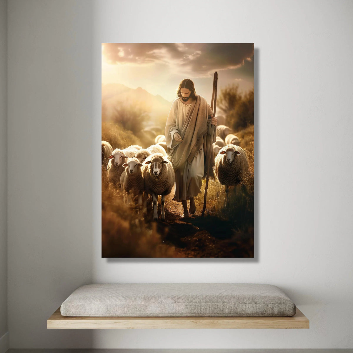 Gentle Shepherd with Flock of Sheep, Spiritual Canvas Wall Art, Pastoral Landscape Scene, Rustic Farmhouse Decor, Peaceful Canvas Print Art