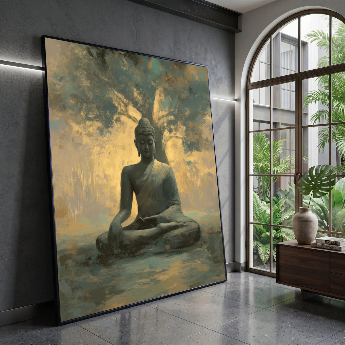 Serene Buddha Statue Canvas, Meditative Wall Art, Tranquil Yoga Decor, Spiritual Home Decoration, Mindfulness Artwork Canvas Print Art