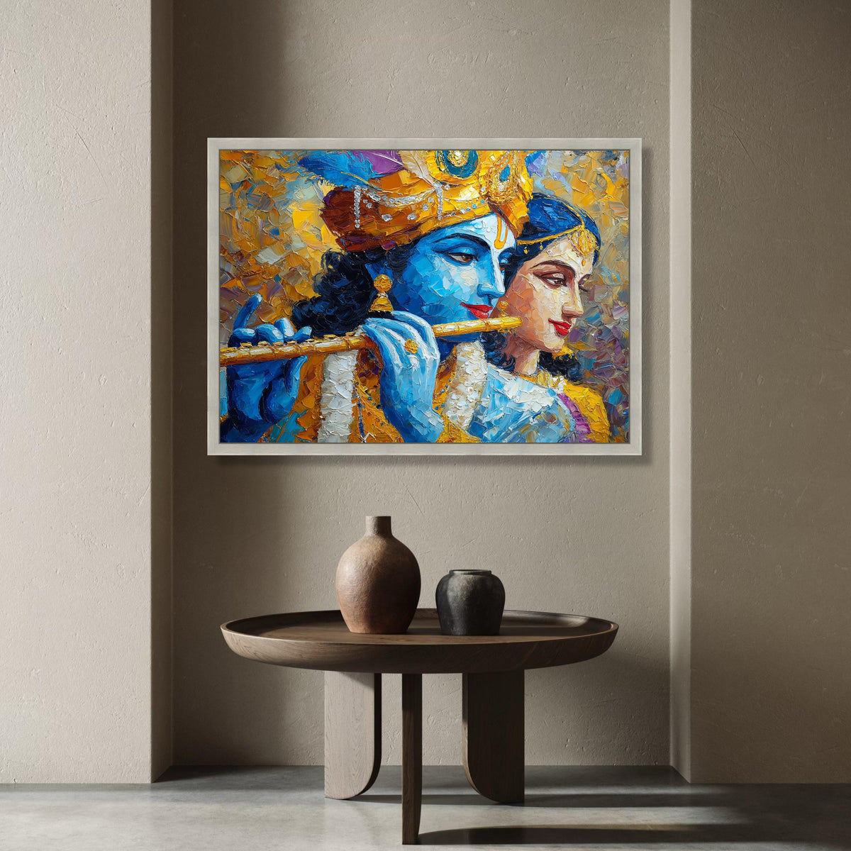 Krishna and Radha Playing Flute Canvas, Spiritual Indian Art, Blue and Gold Wall Decor, Divine Love Canvas, Ethnic Home Canvas Print Art