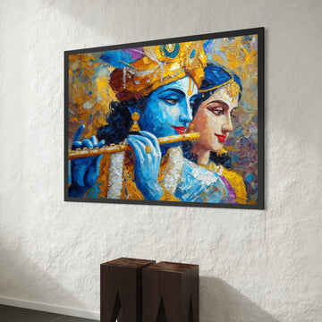 Krishna and Radha Playing Flute Canvas, Spiritual Indian Art, Blue and Gold Wall Decor, Divine Love Canvas, Ethnic Home Canvas Print Art