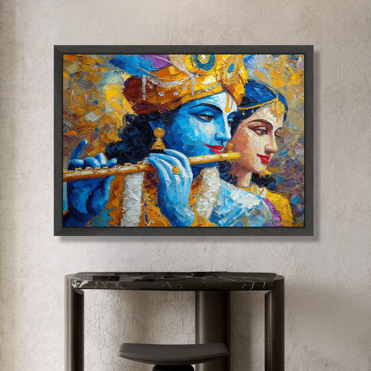 Krishna and Radha Playing Flute Canvas, Spiritual Indian Art, Blue and Gold Wall Decor, Divine Love Canvas, Ethnic Home Canvas Print Art