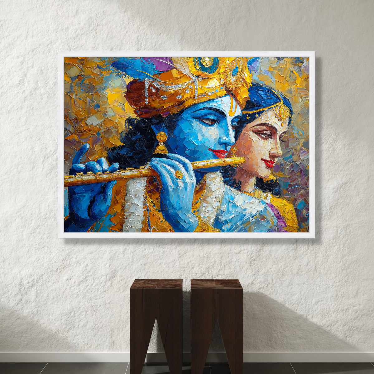 Krishna and Radha Playing Flute Canvas, Spiritual Indian Art, Blue and Gold Wall Decor, Divine Love Canvas, Ethnic Home Canvas Print Art