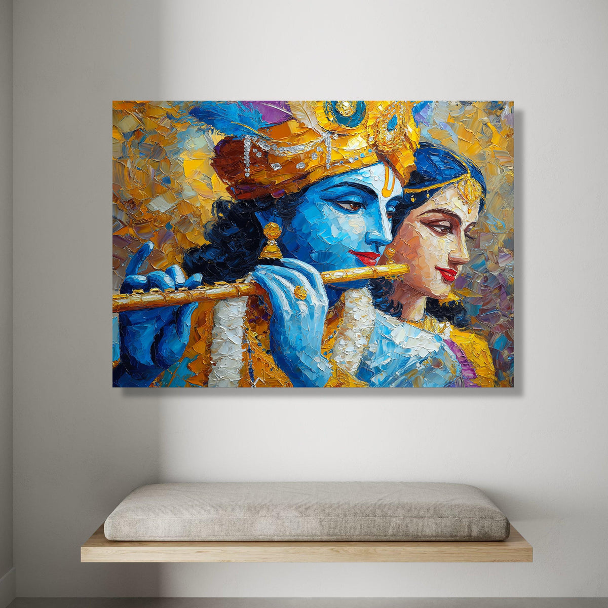 Krishna and Radha Playing Flute Canvas, Spiritual Indian Art, Blue and Gold Wall Decor, Divine Love Canvas, Ethnic Home Canvas Print Art