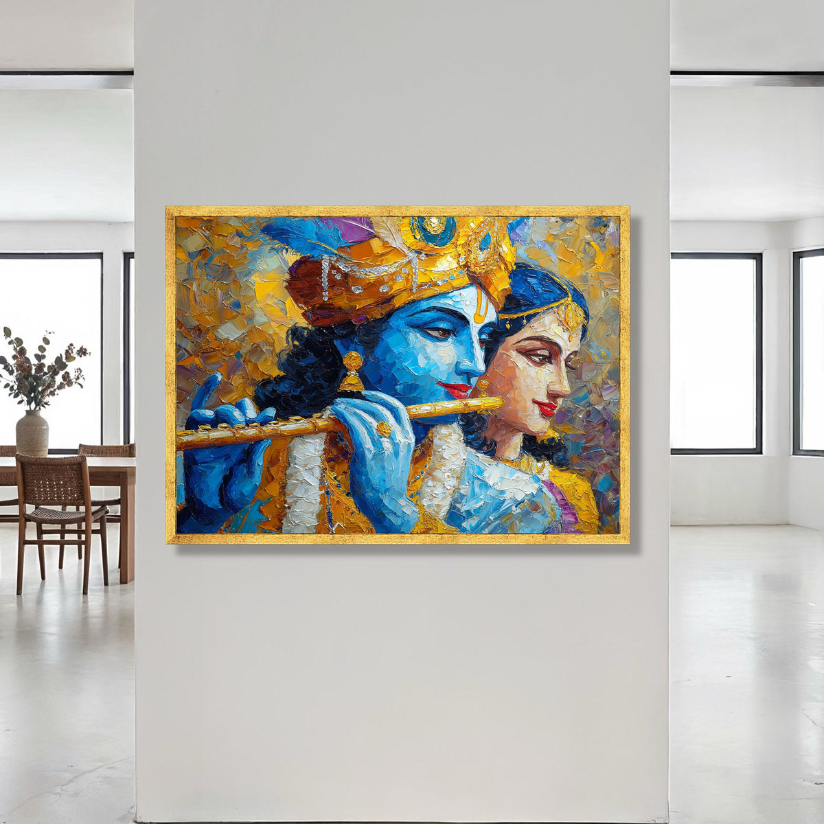 Krishna and Radha Playing Flute Canvas, Spiritual Indian Art, Blue and Gold Wall Decor, Divine Love Canvas, Ethnic Home Canvas Print Art