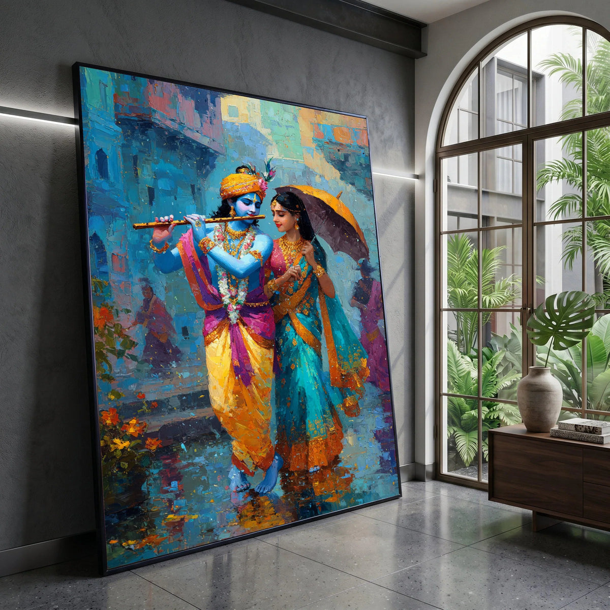 Krishna and Radha Walking Rain, Traditional Indian Canvas Art, Colorful Couple Wall Art, Mythological Canvas Painting, Canvas Print Art