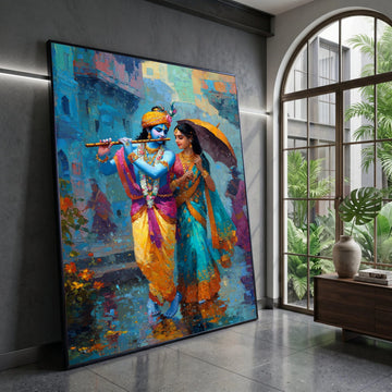 Krishna and Radha Walking Rain, Traditional Indian Canvas Art, Colorful Couple Wall Art, Mythological Canvas Painting, Canvas Print Art