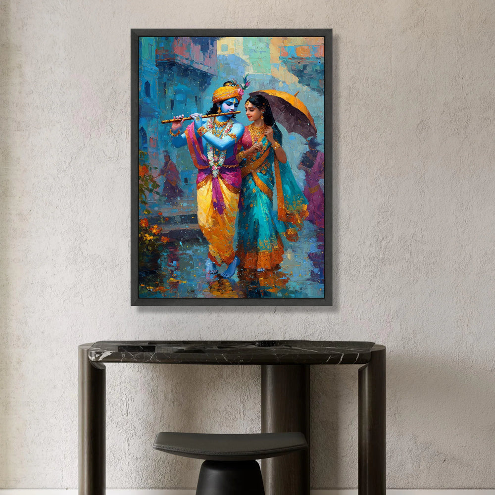 Krishna and Radha Walking Rain, Traditional Indian Canvas Art, Colorful Couple Wall Art, Mythological Canvas Painting, Canvas Print Art