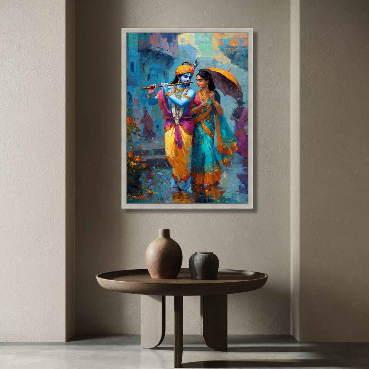 Krishna and Radha Walking Rain, Traditional Indian Canvas Art, Colorful Couple Wall Art, Mythological Canvas Painting, Canvas Print Art