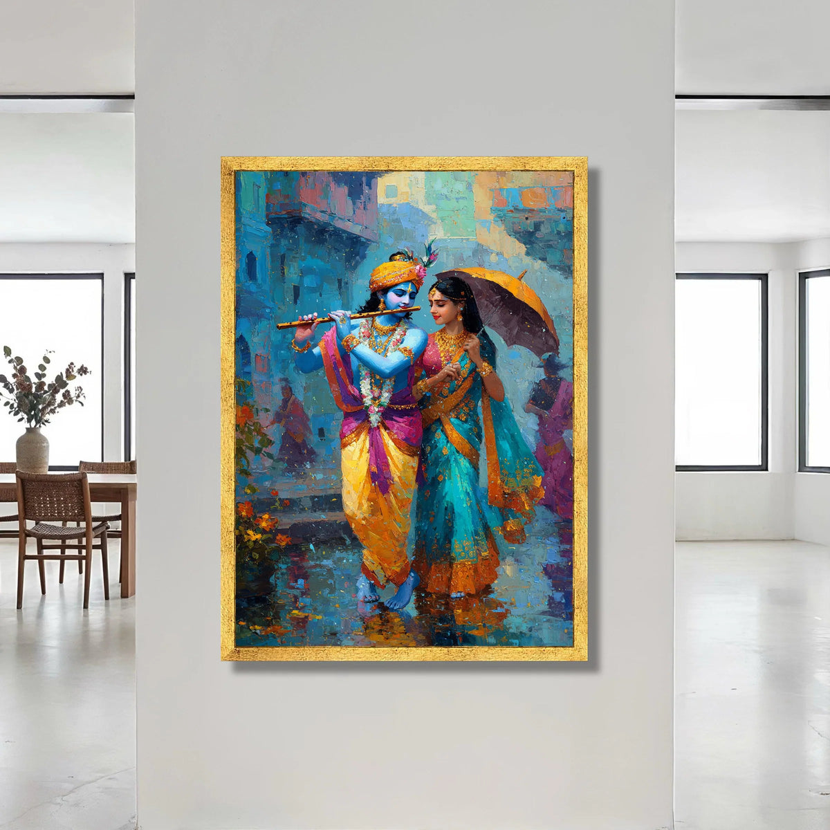 Krishna and Radha Walking Rain, Traditional Indian Canvas Art, Colorful Couple Wall Art, Mythological Canvas Painting, Canvas Print Art