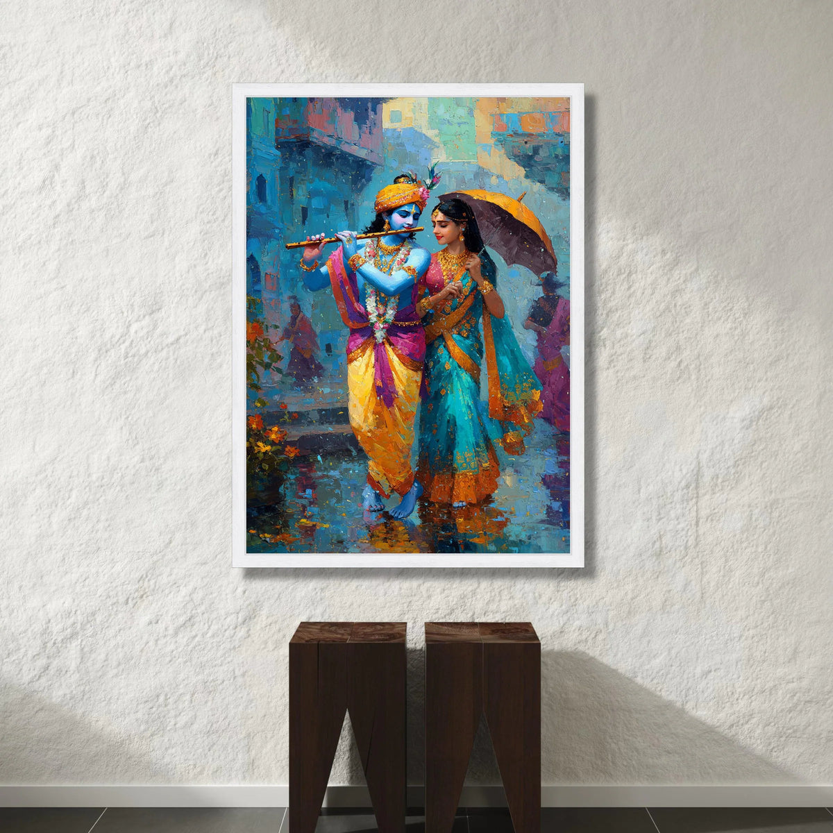Krishna and Radha Walking Rain, Traditional Indian Canvas Art, Colorful Couple Wall Art, Mythological Canvas Painting, Canvas Print Art