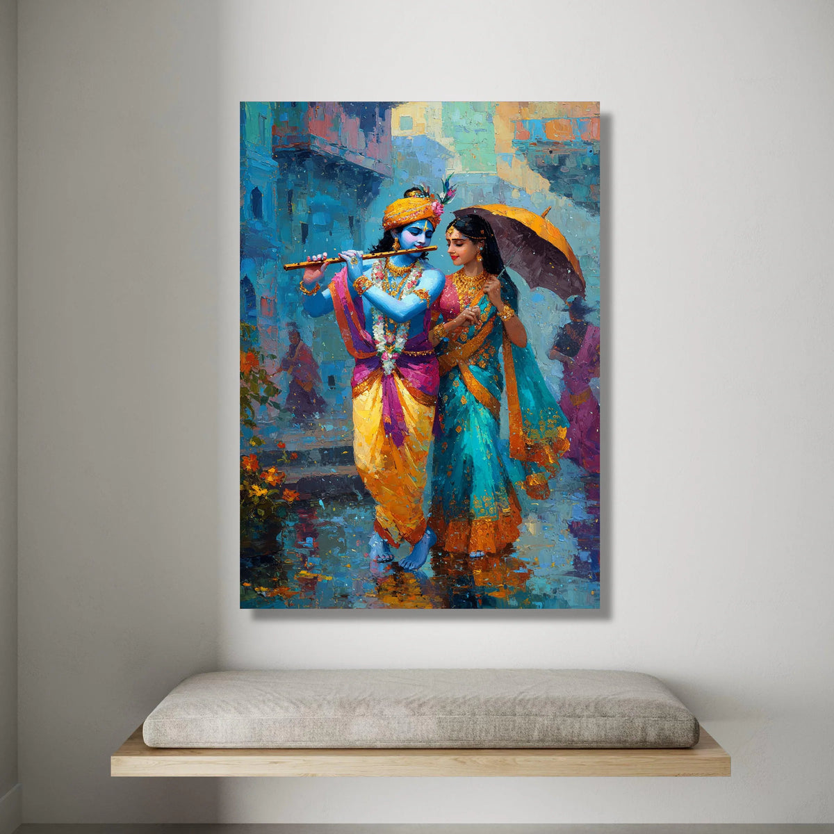 Krishna and Radha Walking Rain, Traditional Indian Canvas Art, Colorful Couple Wall Art, Mythological Canvas Painting, Canvas Print Art