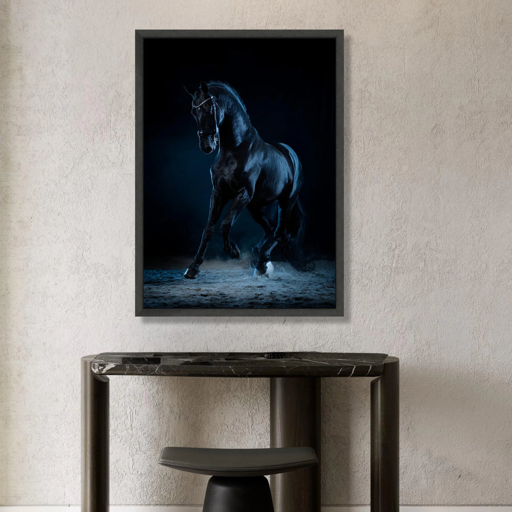 Majestic Black Horse Canvas, Elegant Equestrian Wall Art, Dynamic Animal Movement Canvas, Dark Background Horse Decor, Canvas Print Art