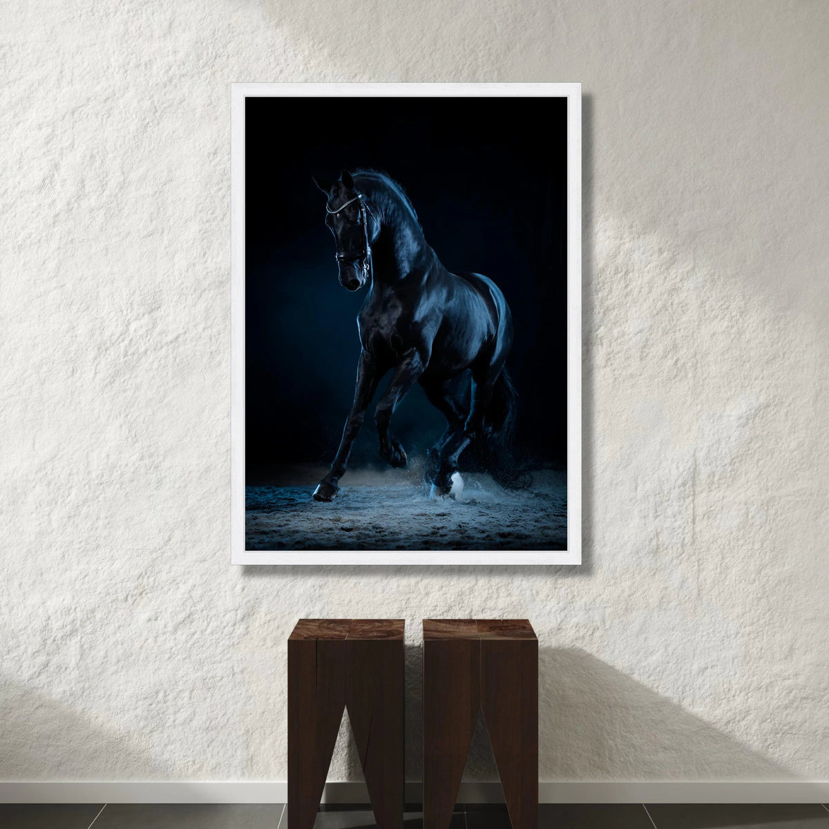 Majestic Black Horse Canvas, Elegant Equestrian Wall Art, Dynamic Animal Movement Canvas, Dark Background Horse Decor, Canvas Print Art