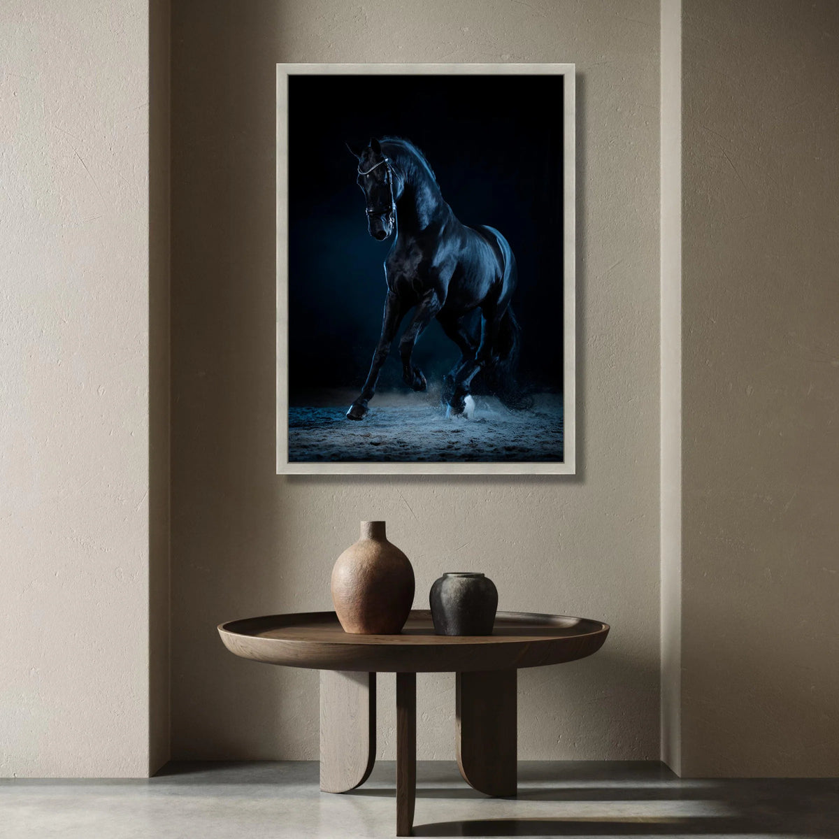 Majestic Black Horse Canvas, Elegant Equestrian Wall Art, Dynamic Animal Movement Canvas, Dark Background Horse Decor, Canvas Print Art