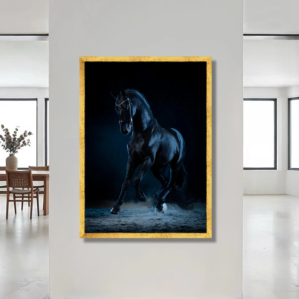 Majestic Black Horse Canvas, Elegant Equestrian Wall Art, Dynamic Animal Movement Canvas, Dark Background Horse Decor, Canvas Print Art