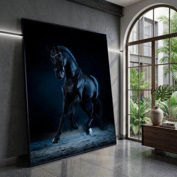 Majestic Black Horse Canvas, Elegant Equestrian Wall Art, Dynamic Animal Movement Canvas, Dark Background Horse Decor, Canvas Print Art