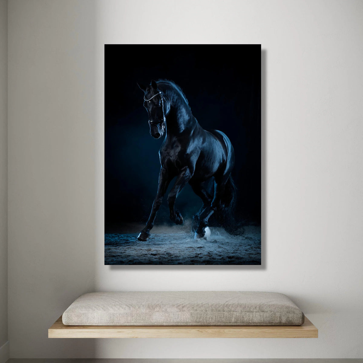 Majestic Black Horse Canvas, Elegant Equestrian Wall Art, Dynamic Animal Movement Canvas, Dark Background Horse Decor, Canvas Print Art