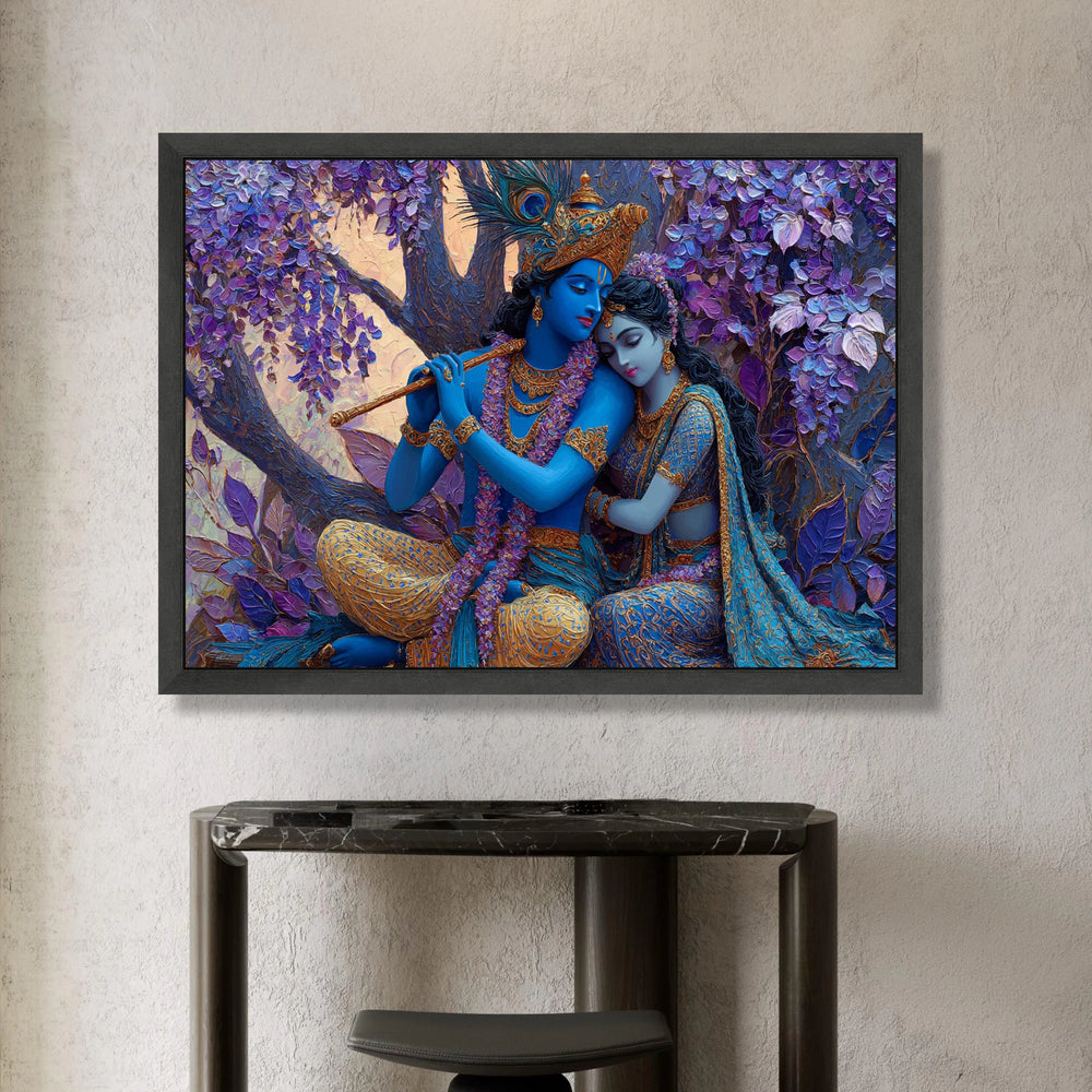 Radha Krishna Divine Love Canvas, Mythological Wall Art, Indian Spiritual Decor, Romantic Blue Couple Canvas, Floral Tree Canvas Print Art