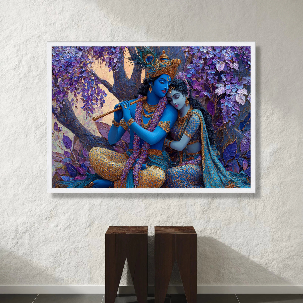 Radha Krishna Divine Love Canvas, Mythological Wall Art, Indian Spiritual Decor, Romantic Blue Couple Canvas, Floral Tree Canvas Print Art