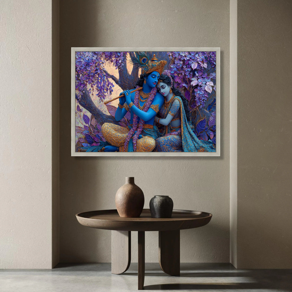 Radha Krishna Divine Love Canvas, Mythological Wall Art, Indian Spiritual Decor, Romantic Blue Couple Canvas, Floral Tree Canvas Print Art
