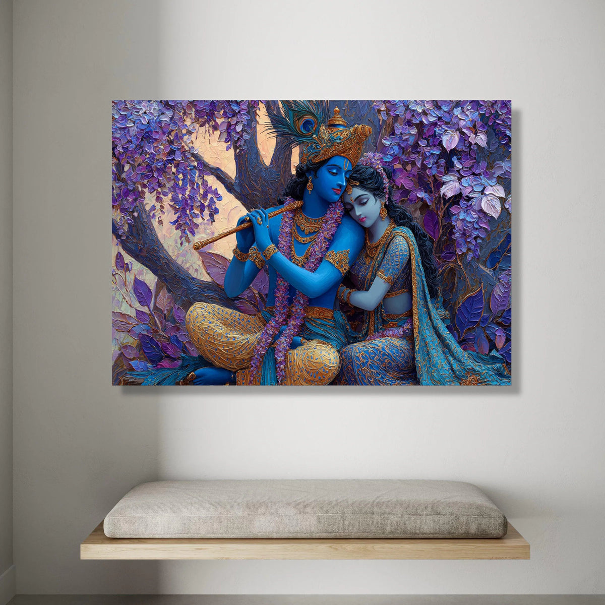 Radha Krishna Divine Love Canvas, Mythological Wall Art, Indian Spiritual Decor, Romantic Blue Couple Canvas, Floral Tree Canvas Print Art