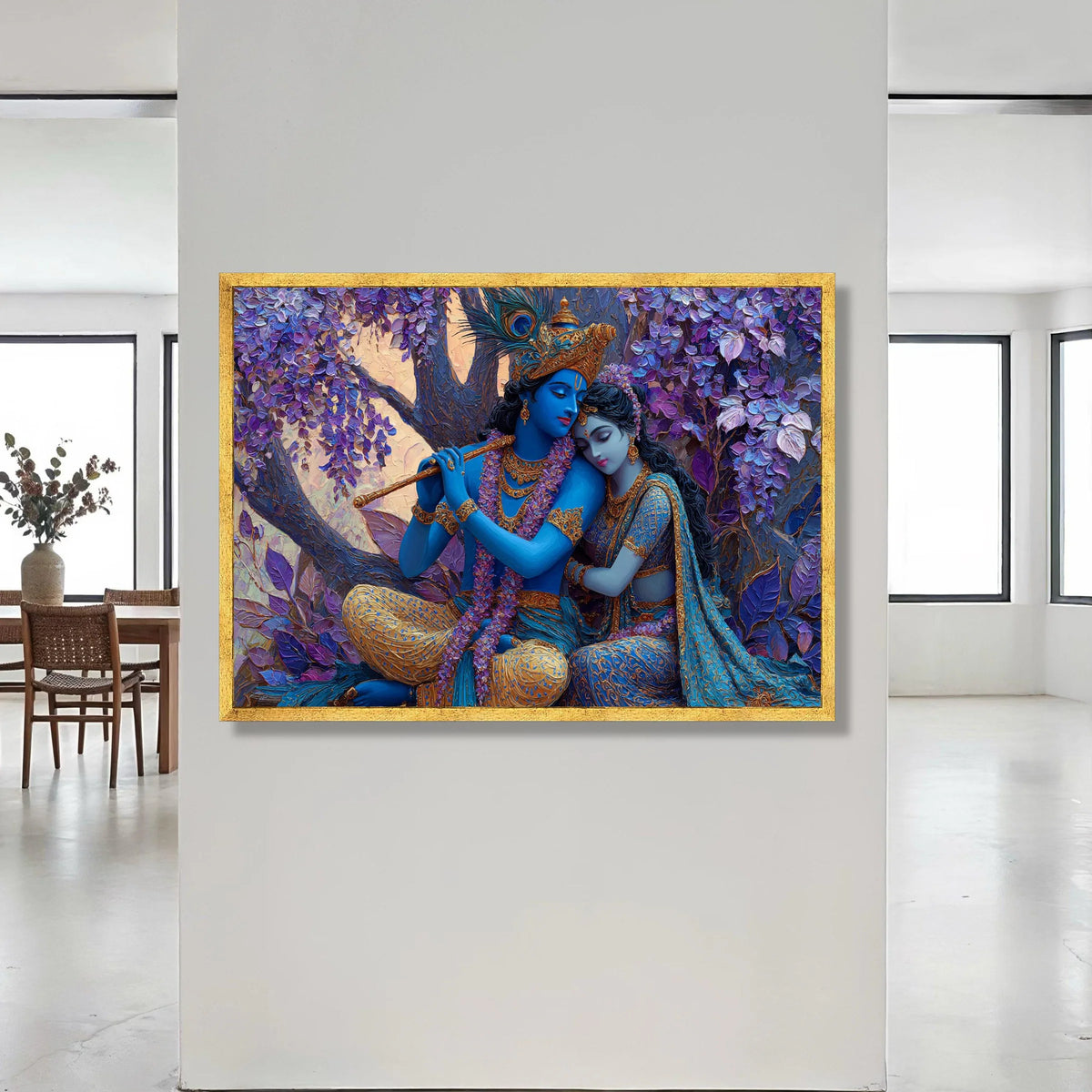 Radha Krishna Divine Love Canvas, Mythological Wall Art, Indian Spiritual Decor, Romantic Blue Couple Canvas, Floral Tree Canvas Print Art