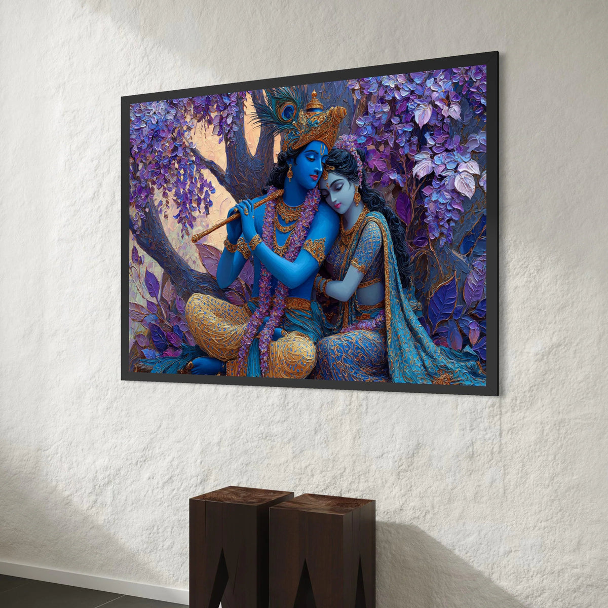 Radha Krishna Divine Love Canvas, Mythological Wall Art, Indian Spiritual Decor, Romantic Blue Couple Canvas, Floral Tree Canvas Print Art