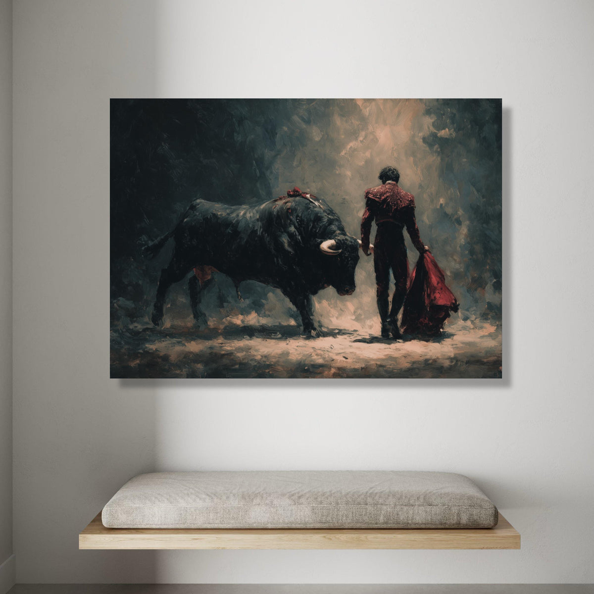 Bullfighter and Bull Scene Canvas, Spanish Matador Art, Classic Bullfighting Canvas, Dramatic Wall Decor, Traditional Canvas Print Art