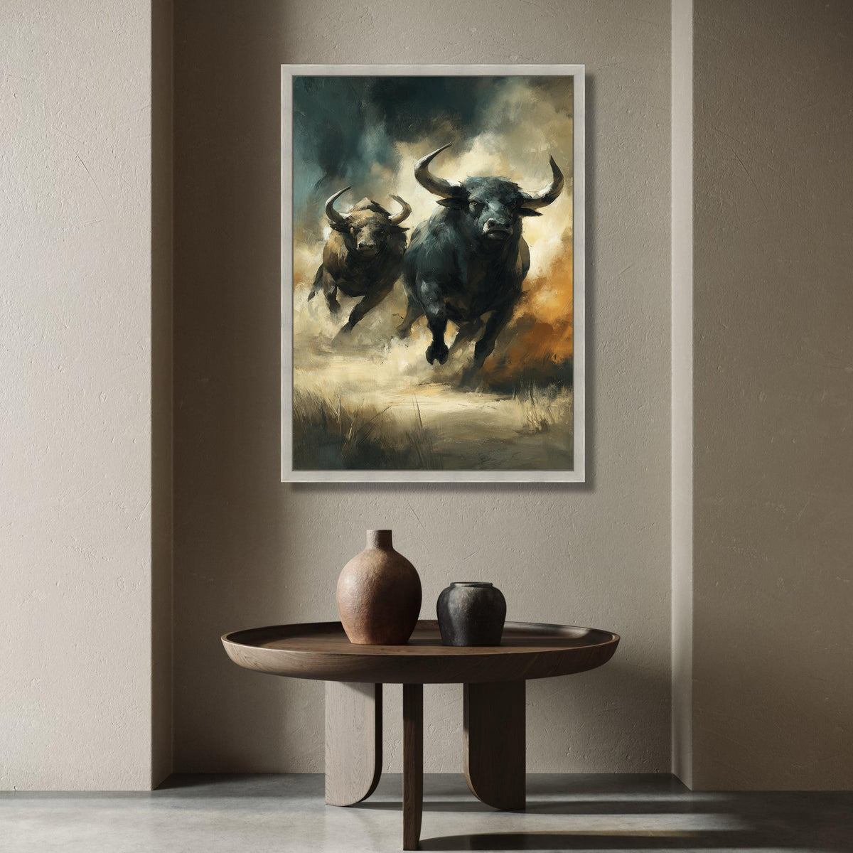Charging Bulls Canvas Wall Art, Wild Animal Painting, Energetic Bull Artwork, Rustic Nature Canvas, Home Decor Wall Hanging Canvas Print Art